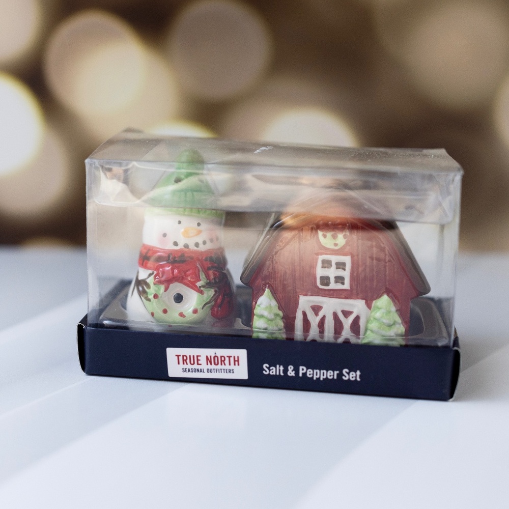 True North ceramic snowman barn Christmas holiday salt pepper set NIB new